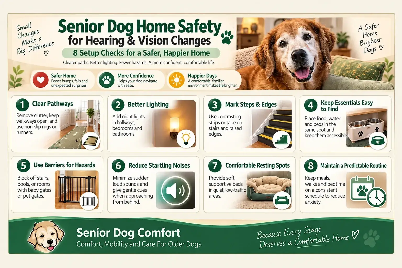 Senior dog home safety infographic with eight setup checks for hearing and vision changes