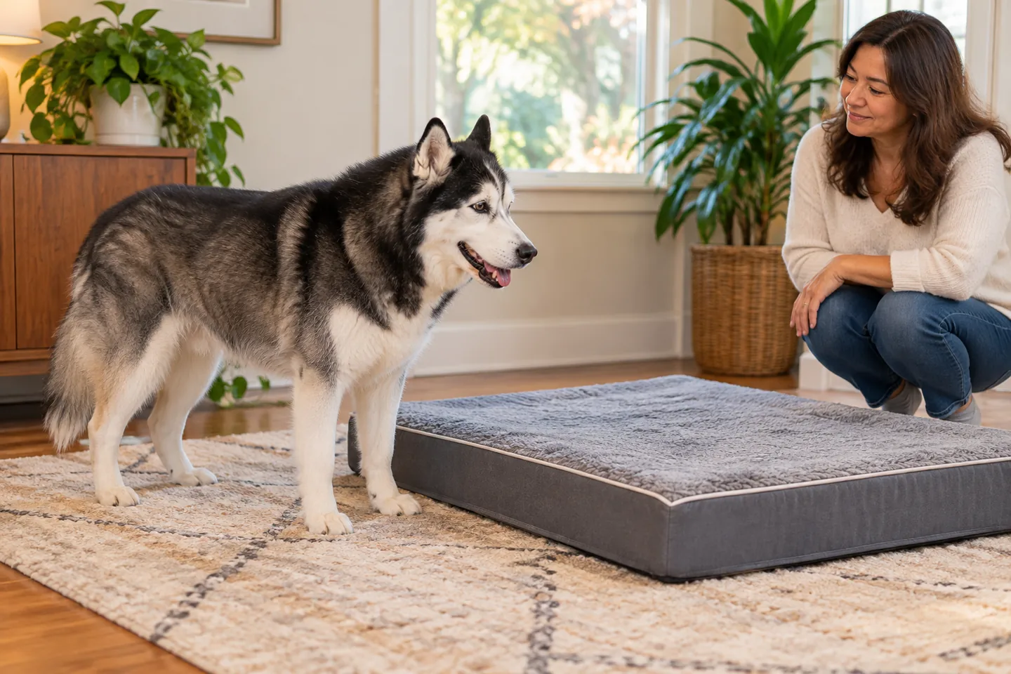 Black-and-white Siberian Husky resting on a plush gray bolster bed in a warm living room