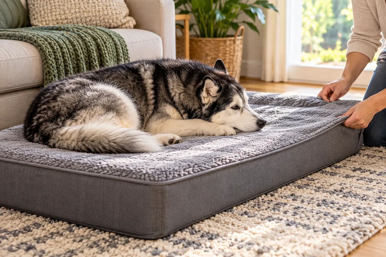 Black-and-white Husky resting on a well-padded gray dog bed in a calm home setting