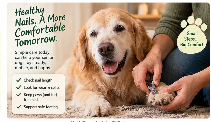 Senior dog nail care and traction infographic preview with full-frame comfortable footing guidance