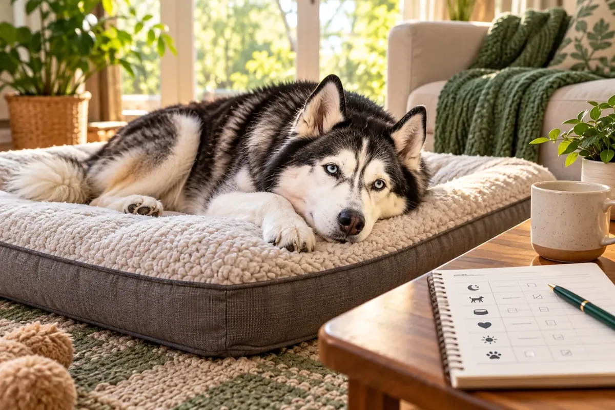 Mature black-and-white Siberian Husky resting comfortably on a cream dog bed beside a seven-day observation journal