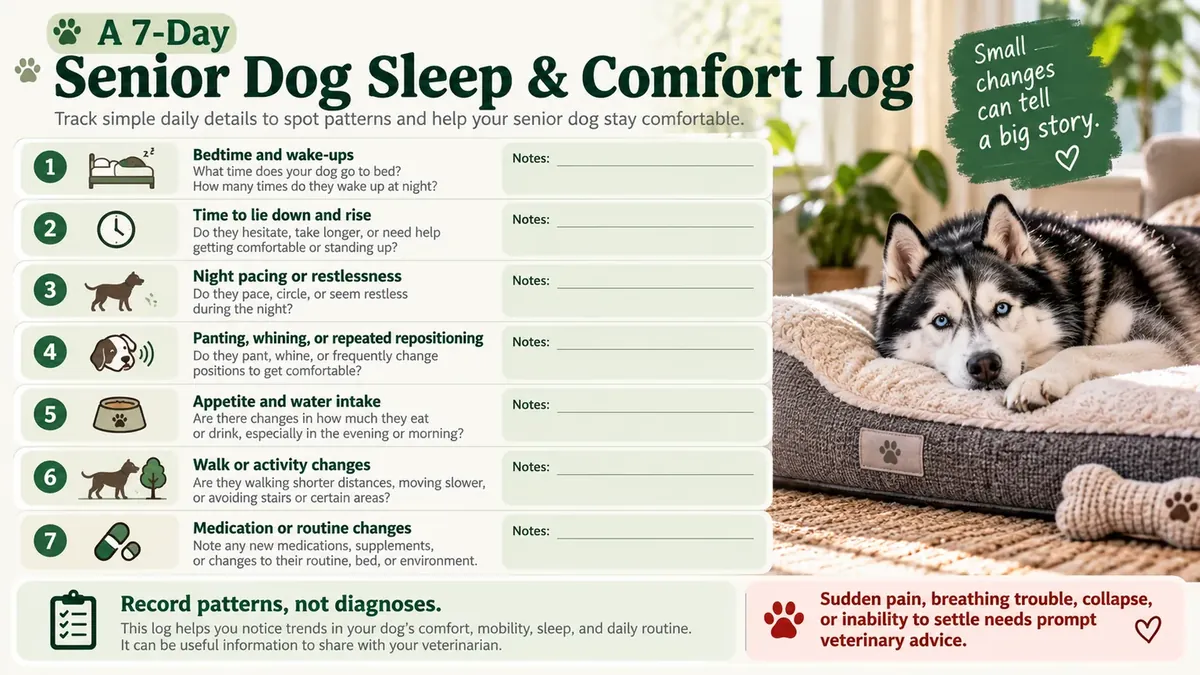 Seven-day senior dog sleep and comfort log with prompts for bedtime, rising, restlessness, appetite, activity, and routine changes