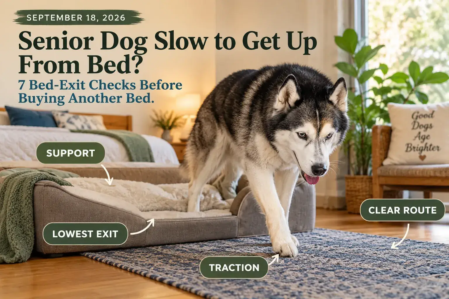 Senior black-and-white husky stepping from a low-entry orthopedic bed onto a secure rug with support, exit, traction and route callouts