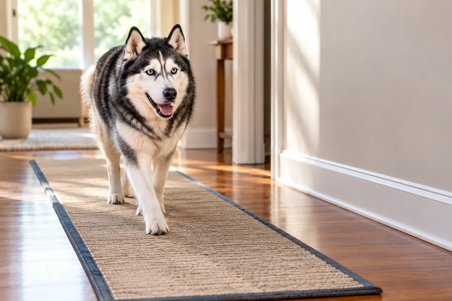 Black-and-white Siberian Husky walking along a secured runner across hardwood flooring in a bright home