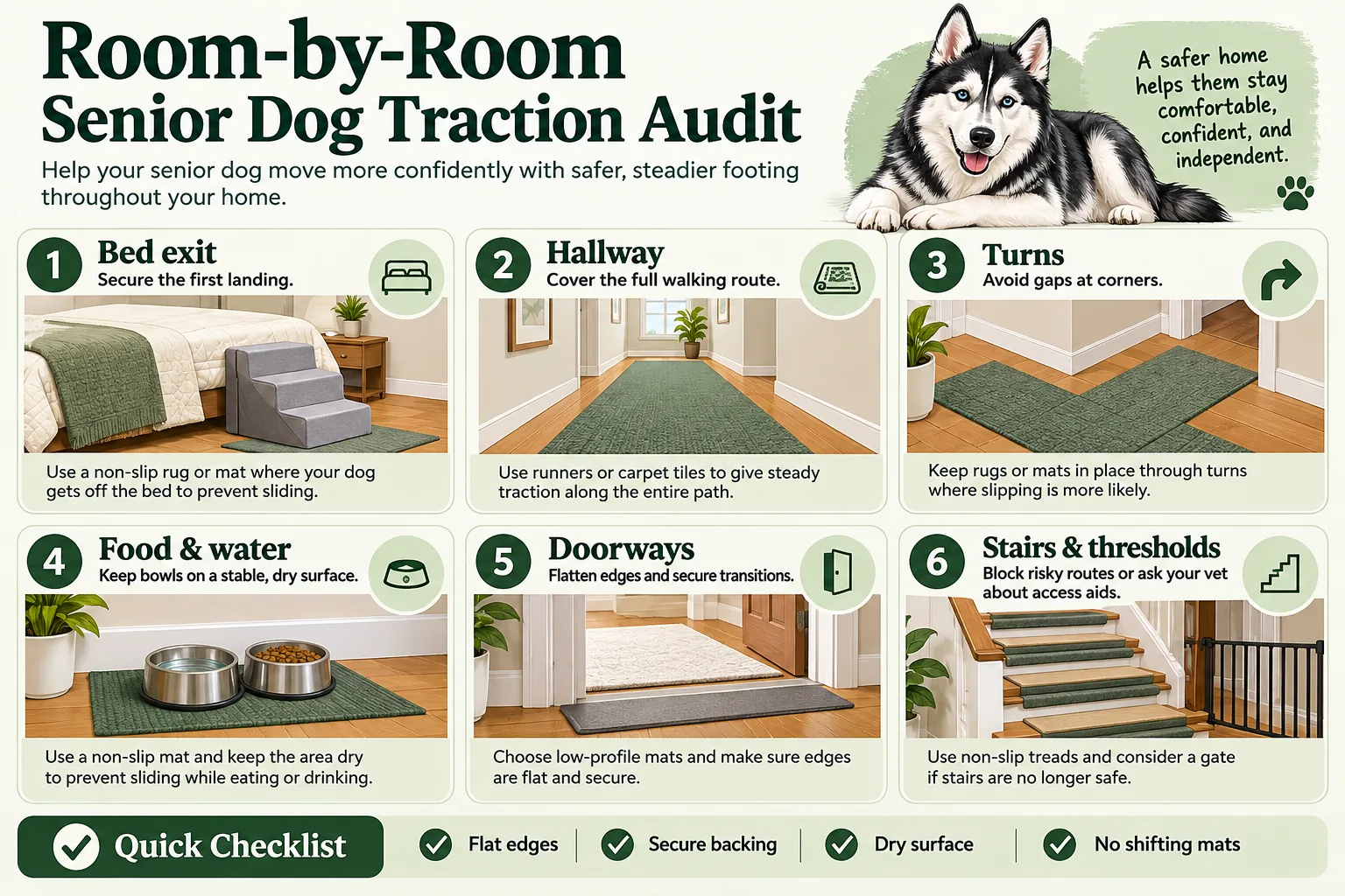 Room-by-room senior dog traction audit infographic showing bed exits, hallways, turns, food and water, doorways, and stairs or thresholds, plus a quick checklist for flat edges, secure backing, dry surfaces, and mats that do not shift