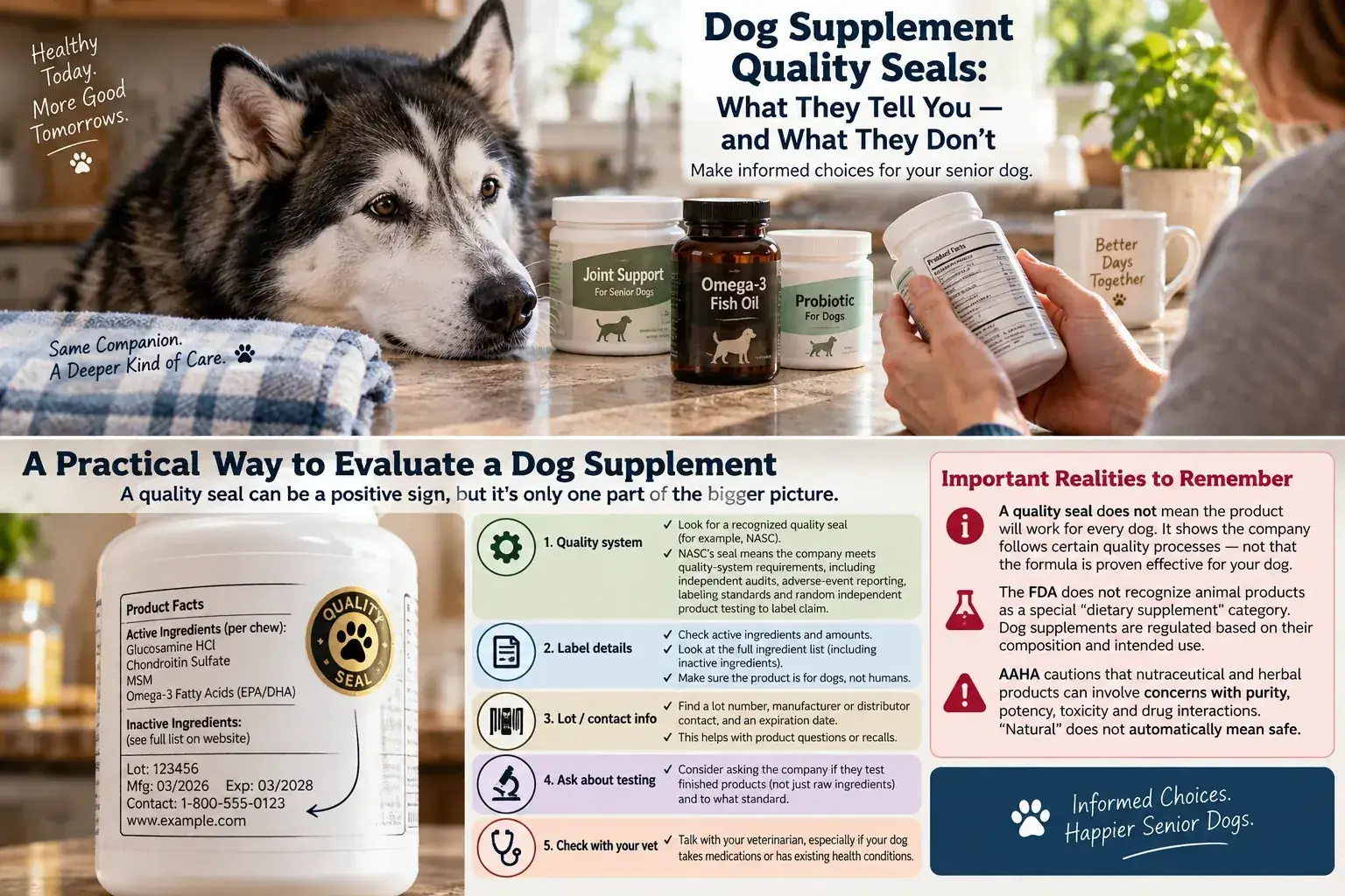 Photo-led checklist showing five practical dog supplement quality checks and limits of quality seals