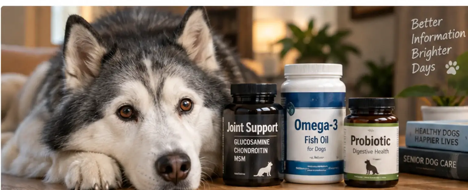 Photo-realistic educational scene of a senior husky beside dog supplement containers while an owner reads a label