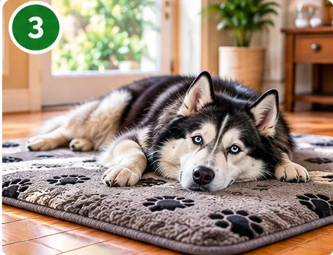 Illustrative scene of a black-and-white husky resting on a patterned mat