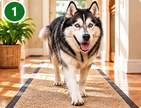 Illustrative scene of a black-and-white husky walking on a hallway runner