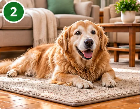 Illustrative scene of a golden retriever resting on a rug in a living room
