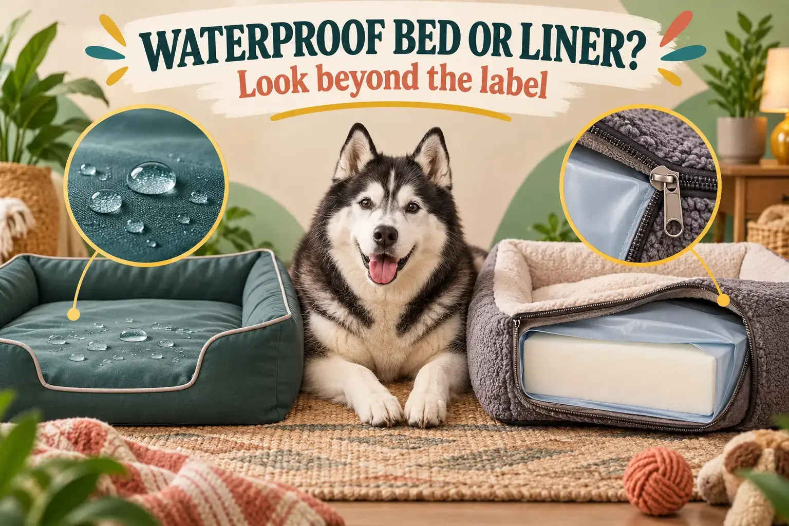 Waterproof dog bed surface and separate liner compared beside a senior black-and-white husky