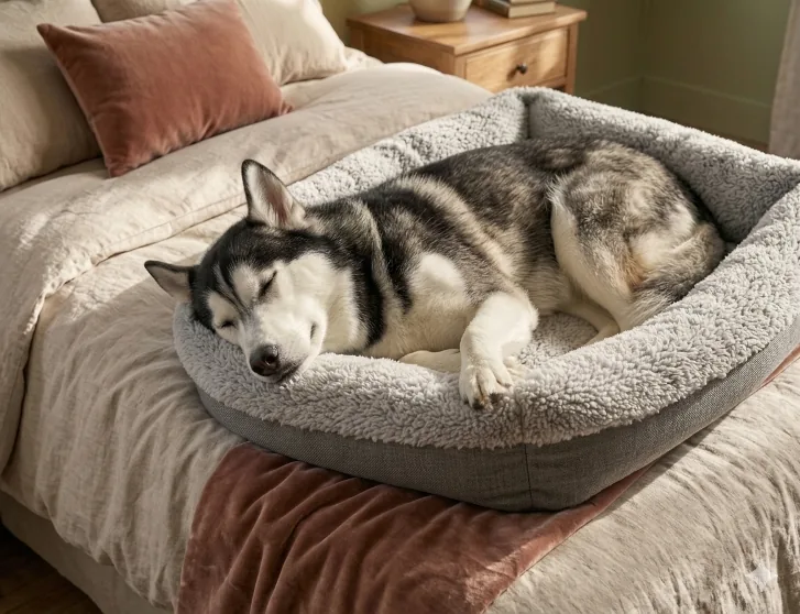 Cooper sleeping peacefully on his comfortable dog bed