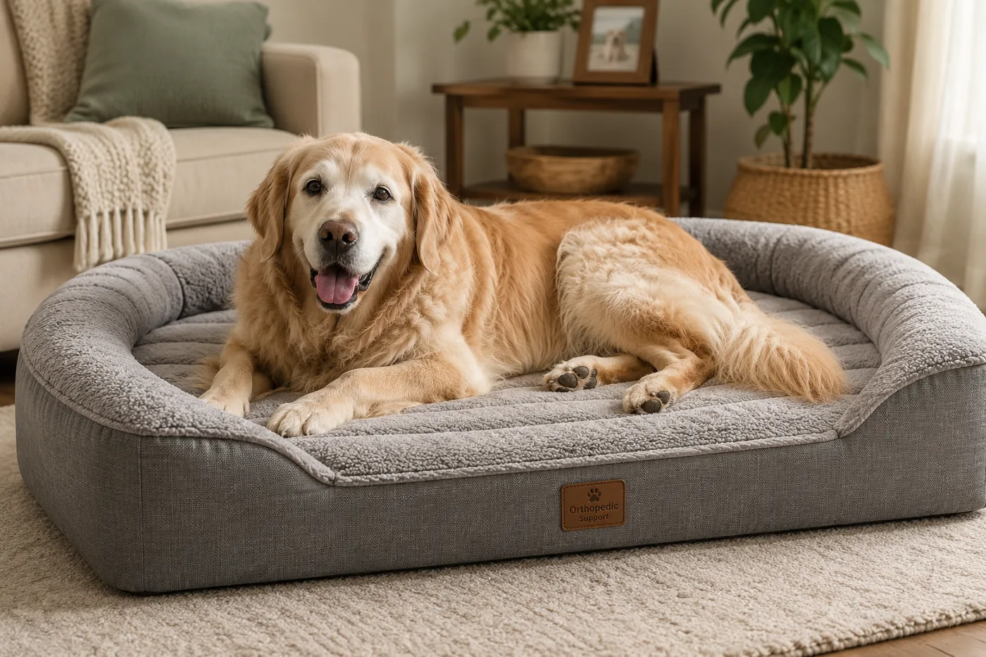 Senior Golden Retriever relaxing on a spacious orthopedic dog bed