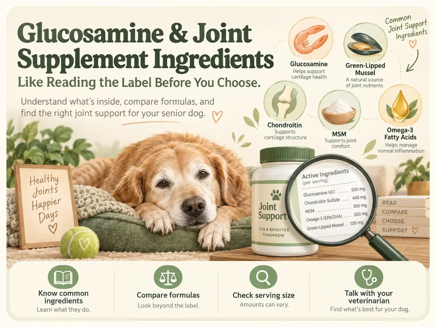 Illustrated senior-dog joint-supplement label guide comparing glucosamine, chondroitin, MSM, omega-3, and green-lipped mussel