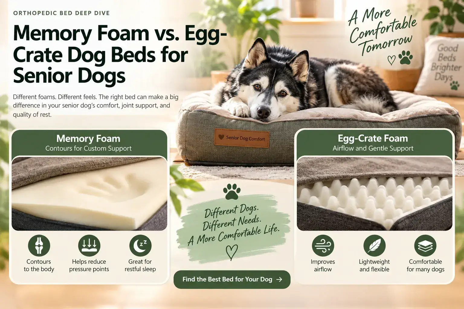 Comparison illustration showing memory foam and egg-crate foam constructions for senior dog beds