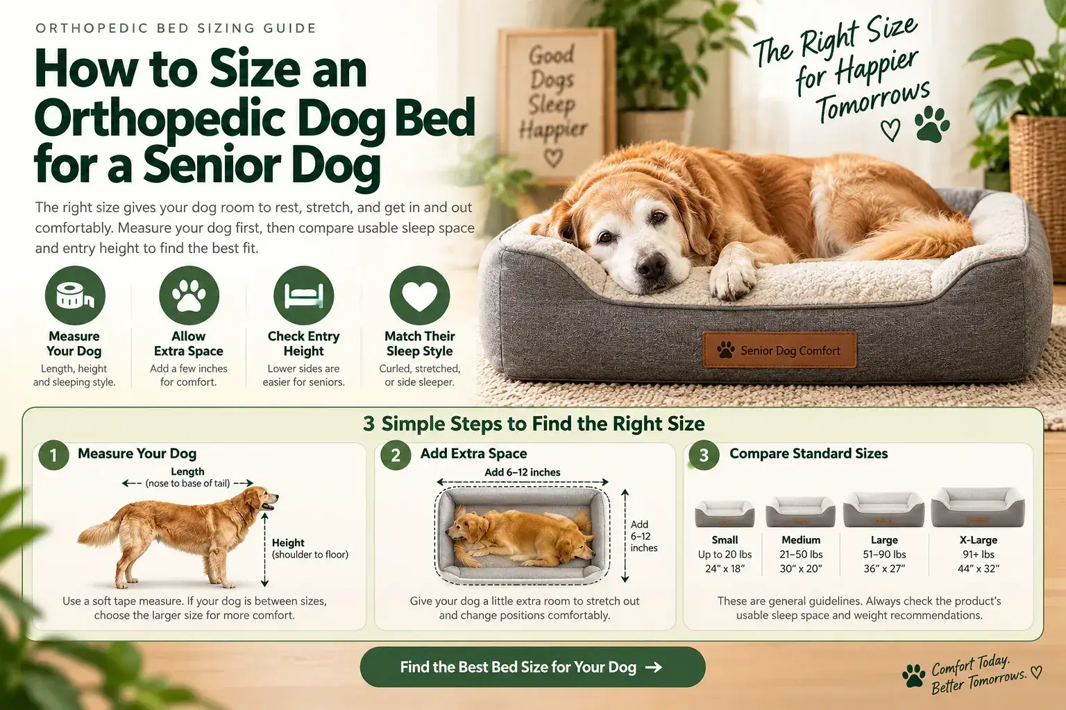 Senior dog bed sizing infographic showing how to measure a dog, allow extra sleeping space, check entry height, and compare bed sizes