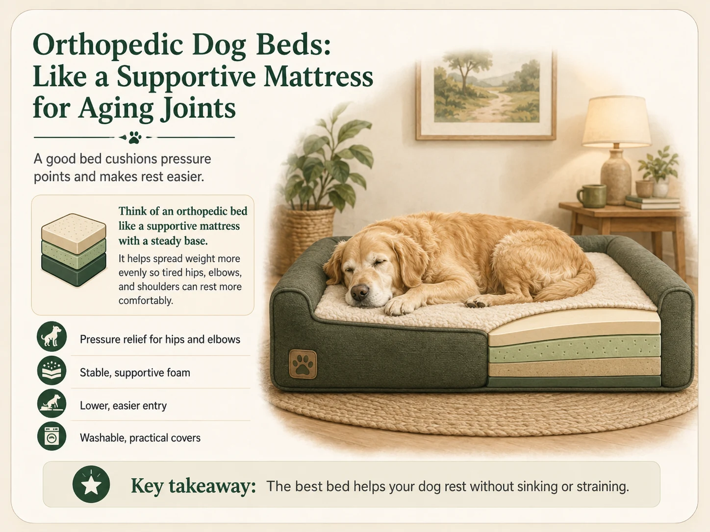 Illustrated orthopedic dog bed showing layered support foam, a steady base, lower entry, and a washable cover for an older dog