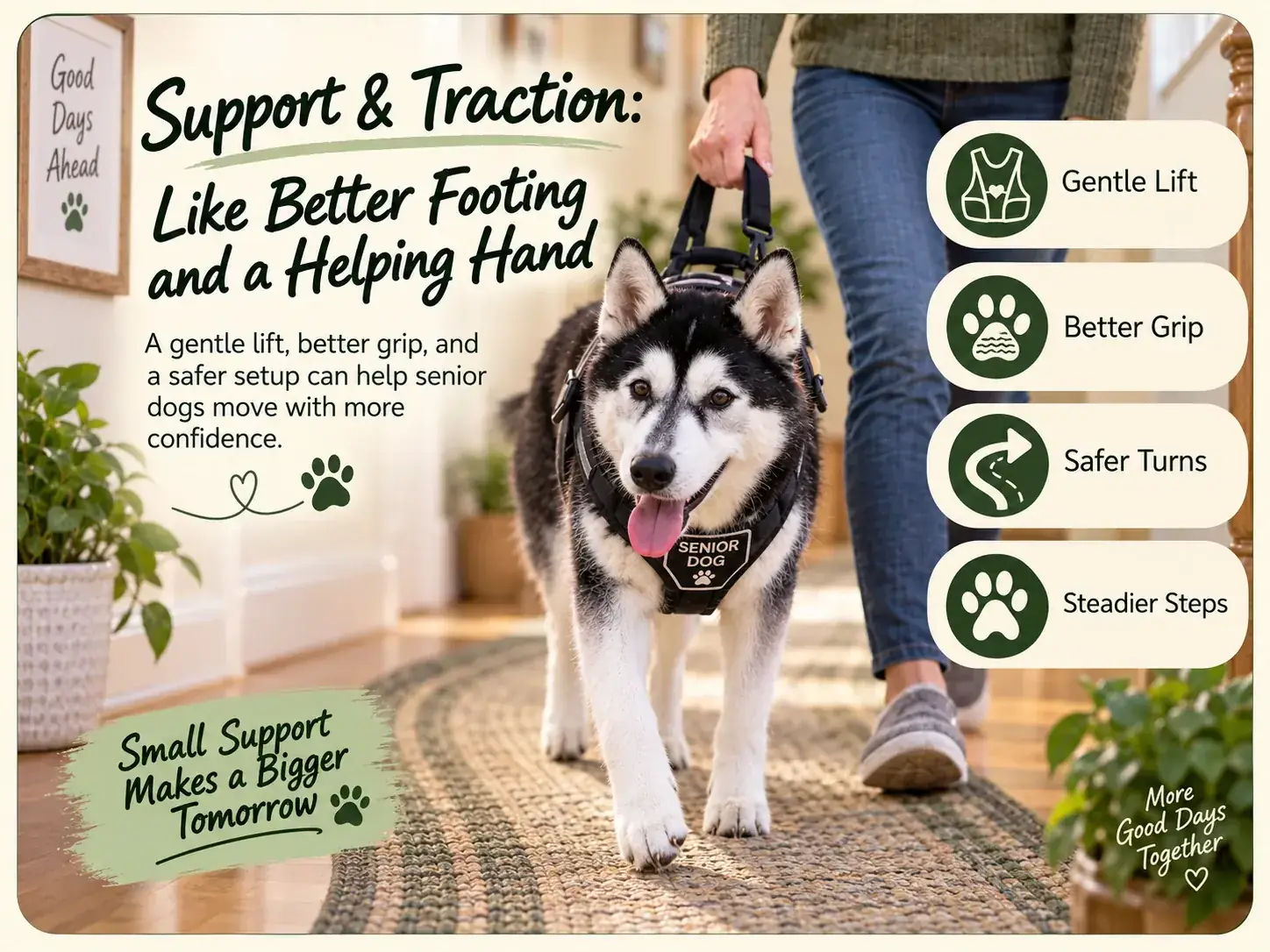 Senior dog using an assisted-support harness on a secure indoor walking path, illustrating gentle lift, better grip, safer turns, and steadier steps