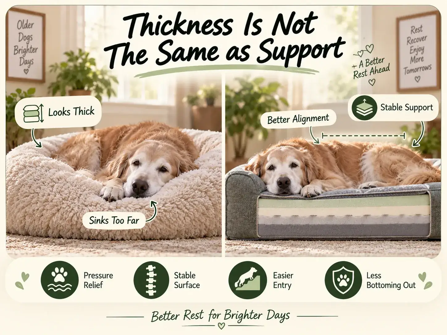 Thickness versus support analogy showing a plush bed that sinks too far beside a layered bed with more stable support