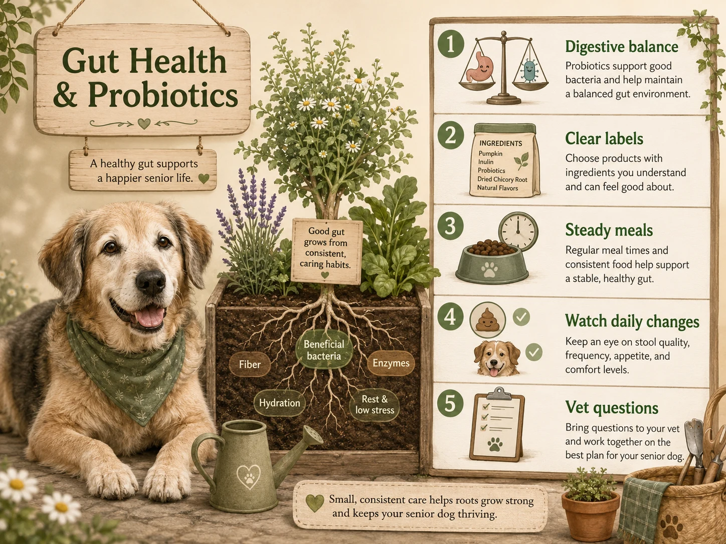 Illustrated trail-map analogy for senior dog training and behavior support, showing calm routines, leash manners, confidence at home, enrichment, and mobility-friendly training