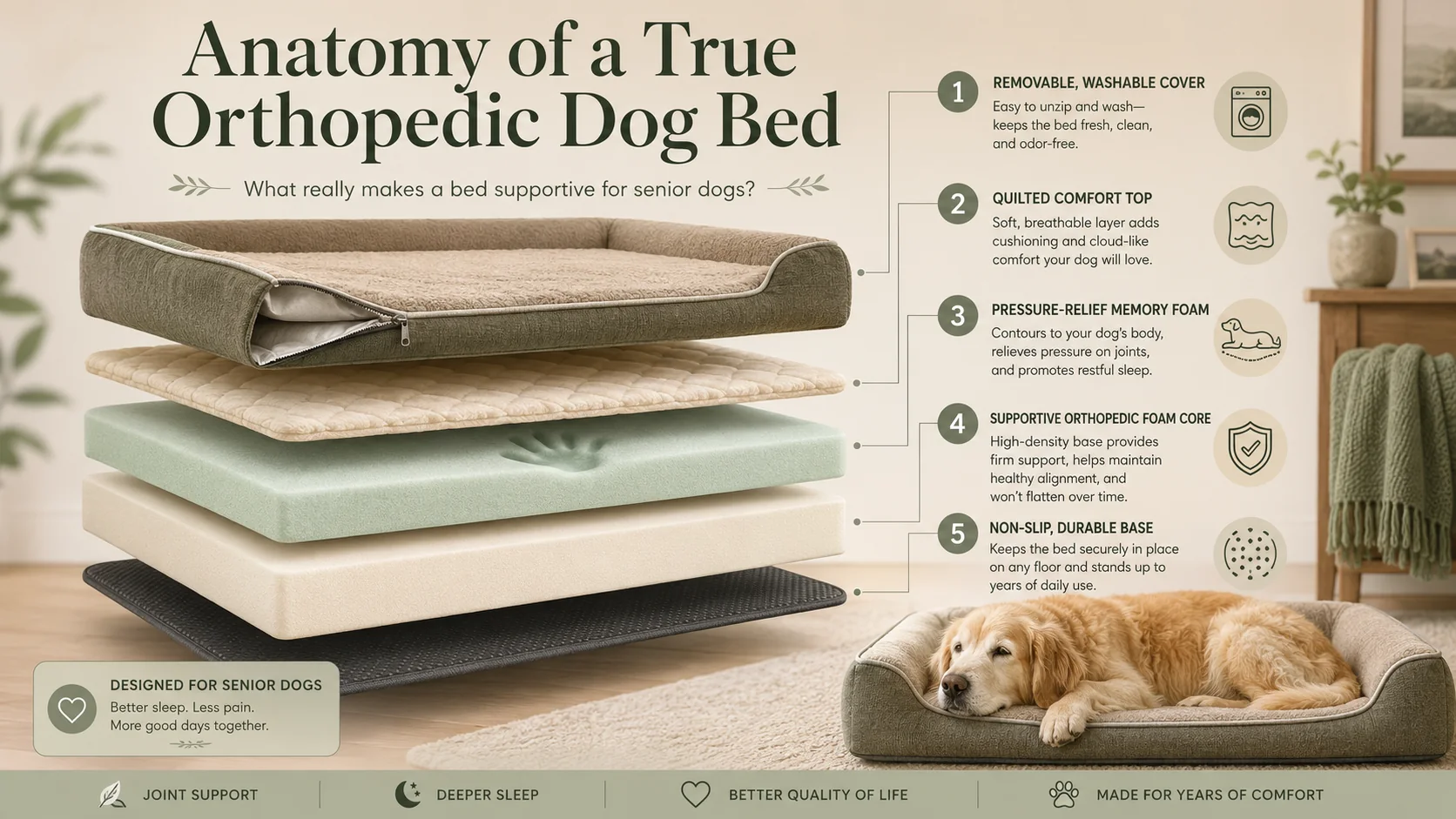 Exploded five-layer anatomy of an orthopedic dog bed