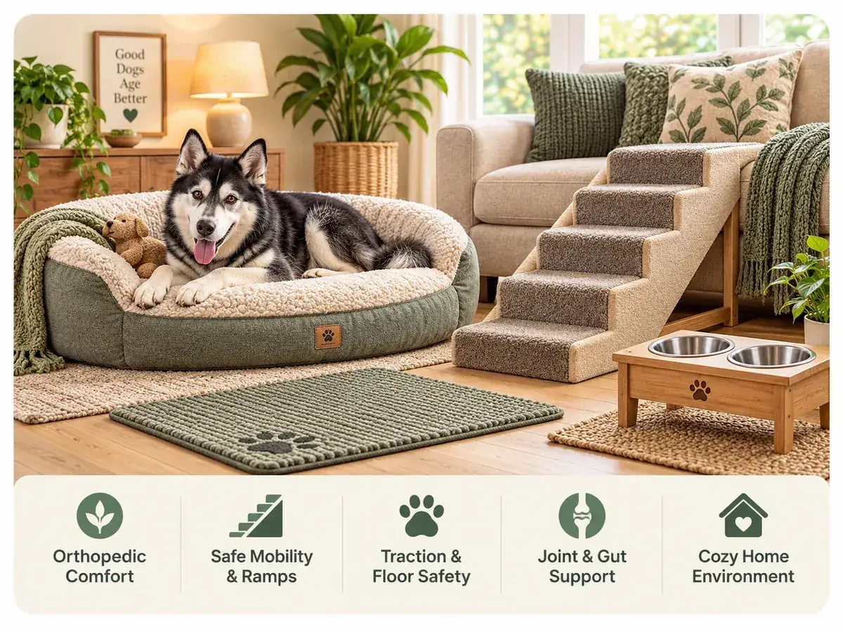 Senior dog comfort home setup with orthopedic bed, safe pet steps, traction flooring, joint and gut support, and a cozy home environment