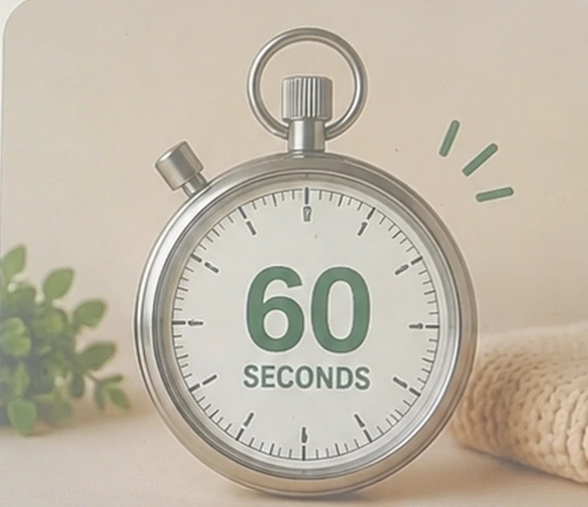 Large stopwatch graphic marked 60 seconds for the Senior Dog Comfort Corner quick-start questionnaire